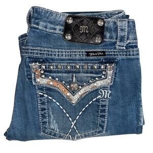 Miss Me Bootcut Jeans Women’s 32 Medium Wash Studded Pocket Thick Stitch